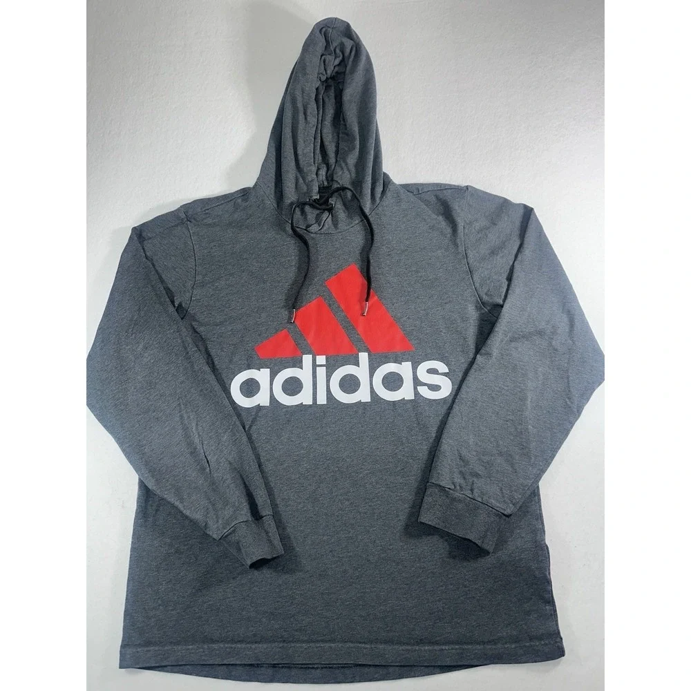 Adidas Men Essentials Big Logo Hoodie Gray Red Pullover Sweatshirt Size L H12263